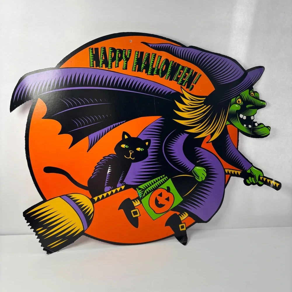 Vintage AGC Halloween Pumpkin Witch Black Cat Die‎ Cut Decor  American Greeting